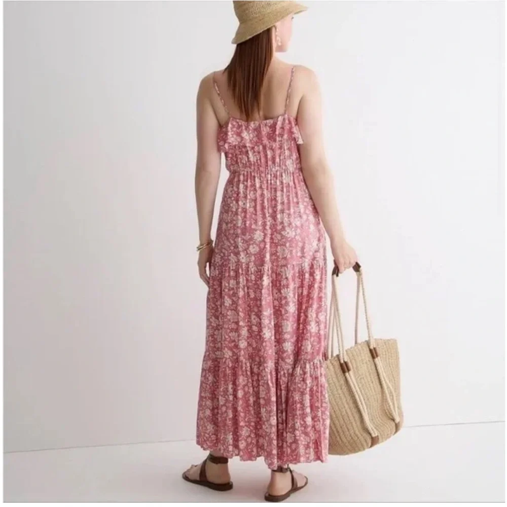 J. Crew Tiered Maxi Dress in Pink Dark Flamingo Tossed Floral